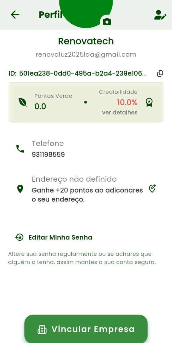 Tela do app mostrando pontos verdes acumulados
