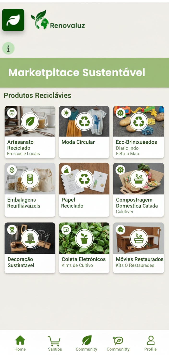 Tela do app mostrando marketplace de produtos ecológicos