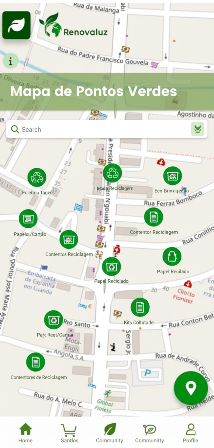 Tela do app mostrando mapa com pontos de reciclagem